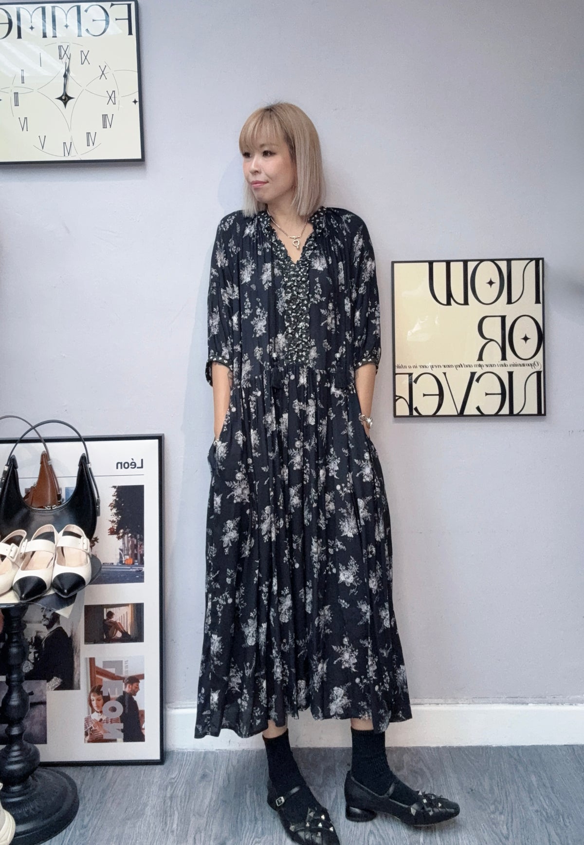 (A/W)White flower pattern chiffon one piece#00839