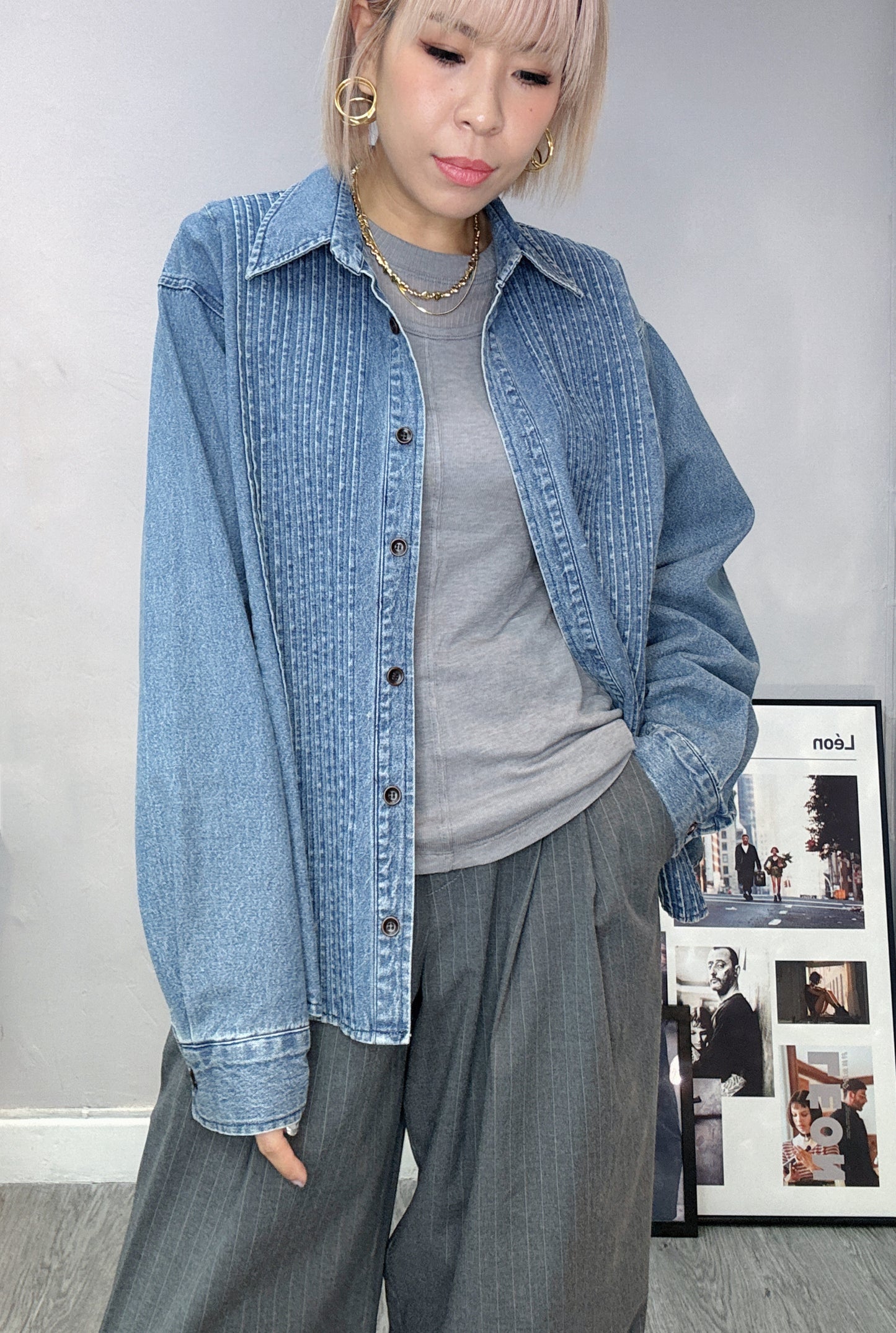 pleated denim shirt