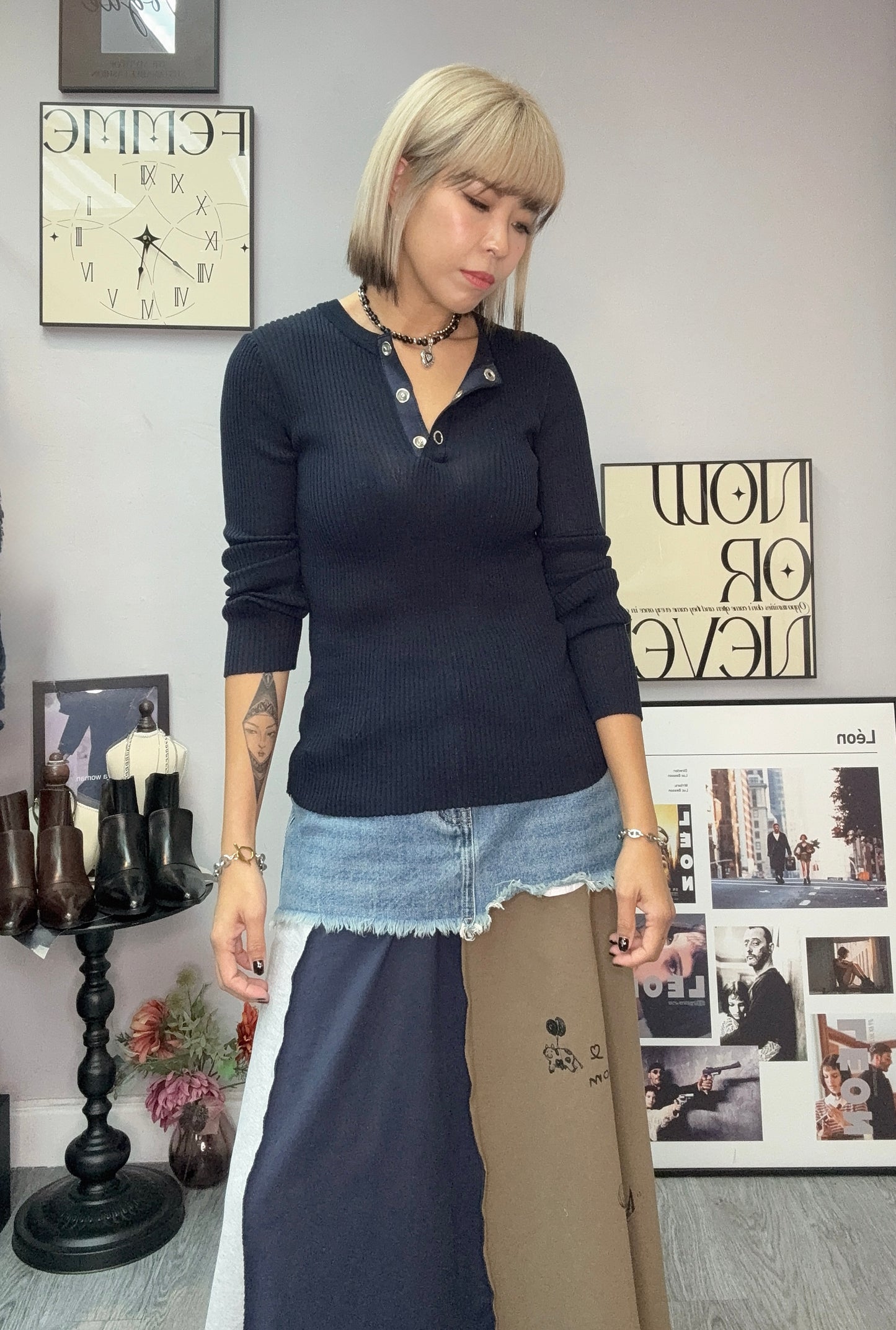 Silver button rib knit top