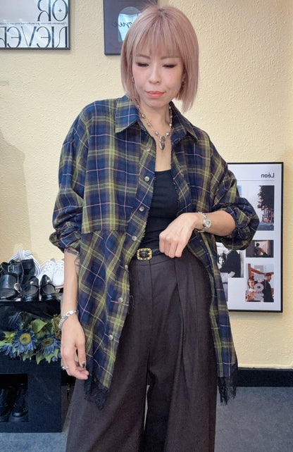 Checked loose lace hem shirt #00919