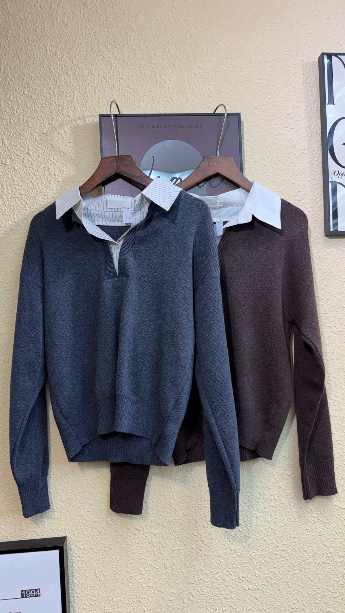Fake two pieces shirt x knitted top #00970