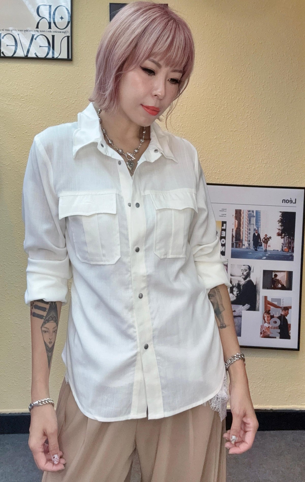 Wire collar slim shirt #00876