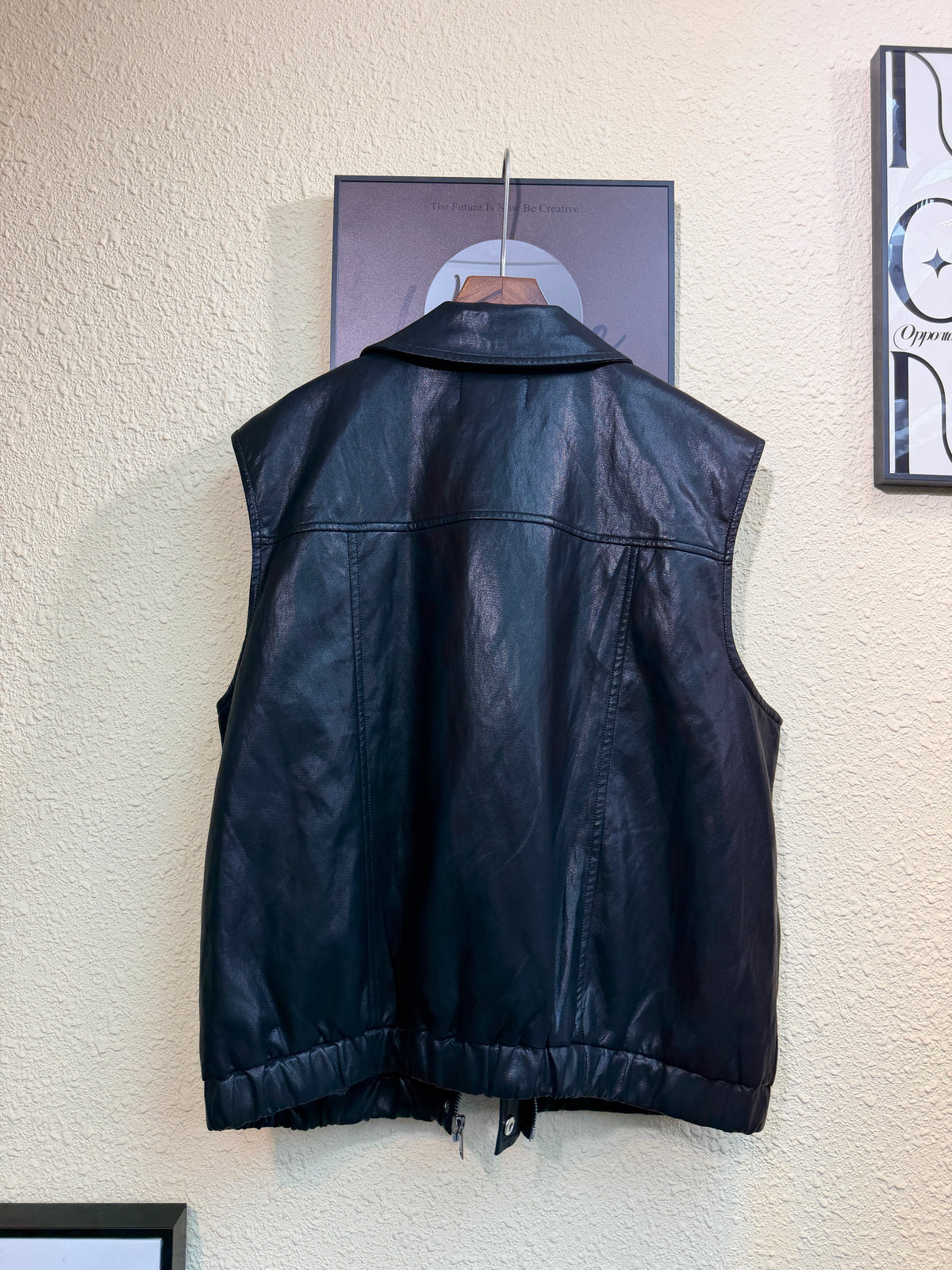 Silver beads pocket faux leather vest outer #01048