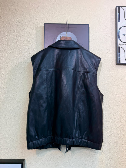 Silver beads pocket faux leather vest outer #01048