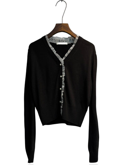 Ruffle v neck pearl buttons cardigan #00323
