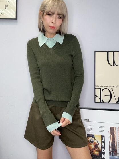 Fake two piece rib knit top