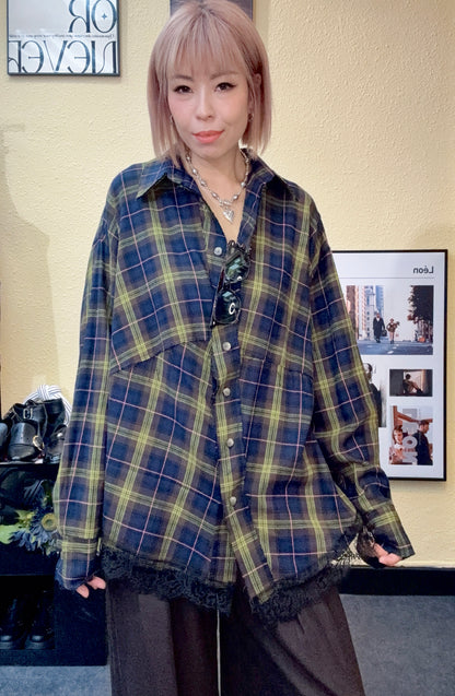 Checked loose lace hem shirt #00919