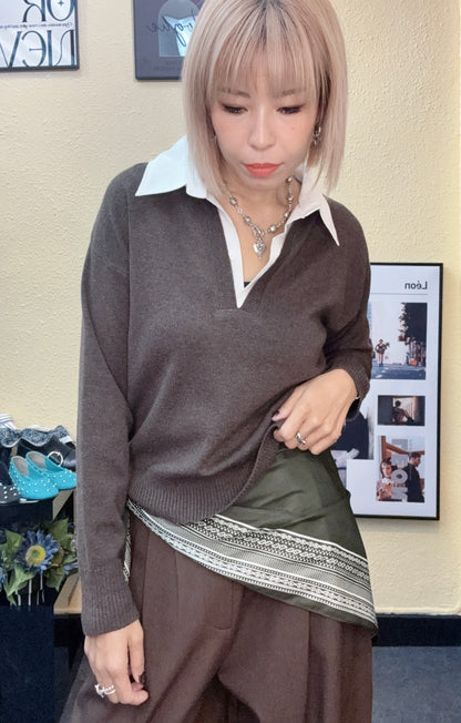Fake two pieces shirt x knitted top #00970