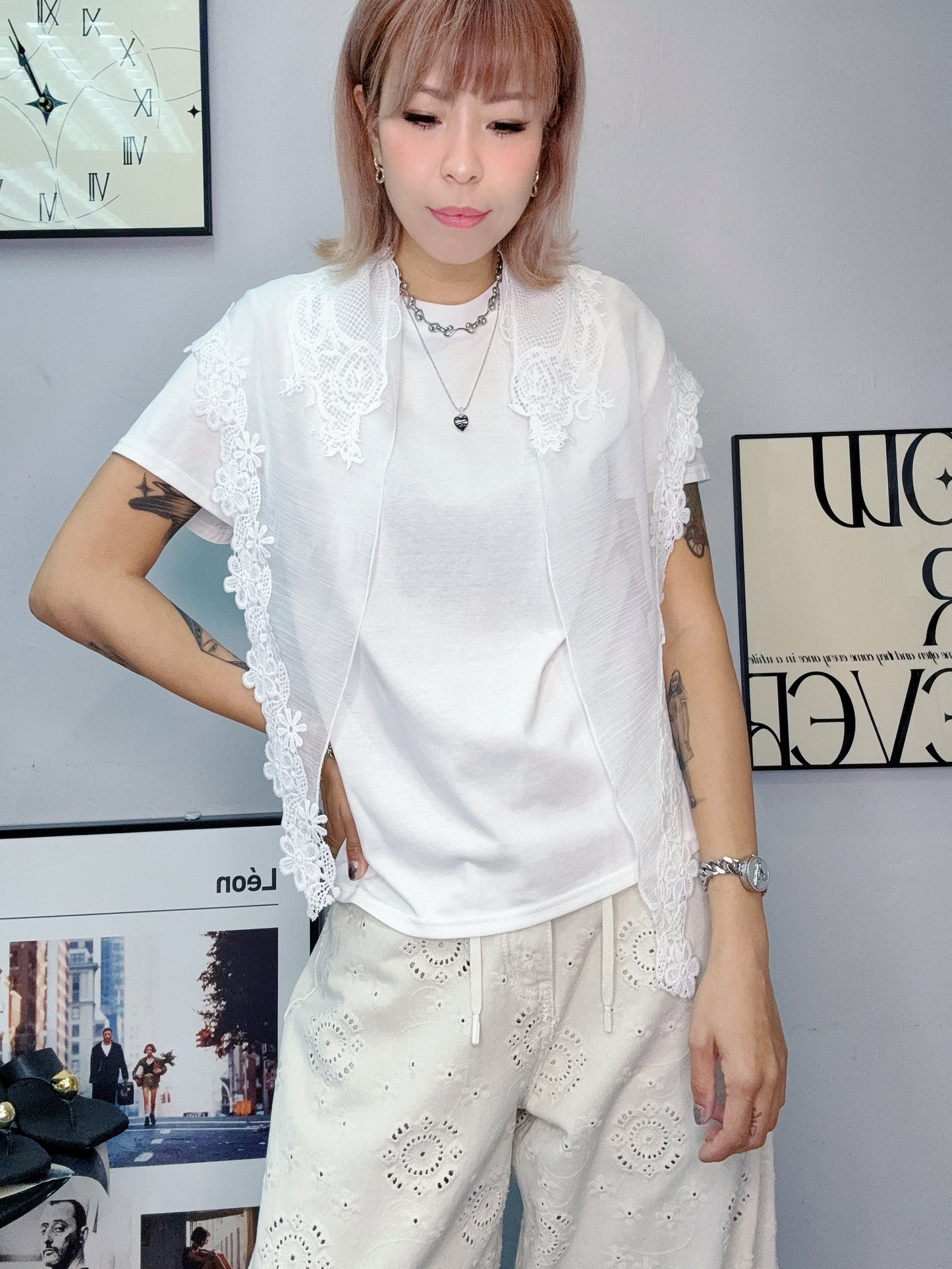 With embroidery see through scarf tee #00612