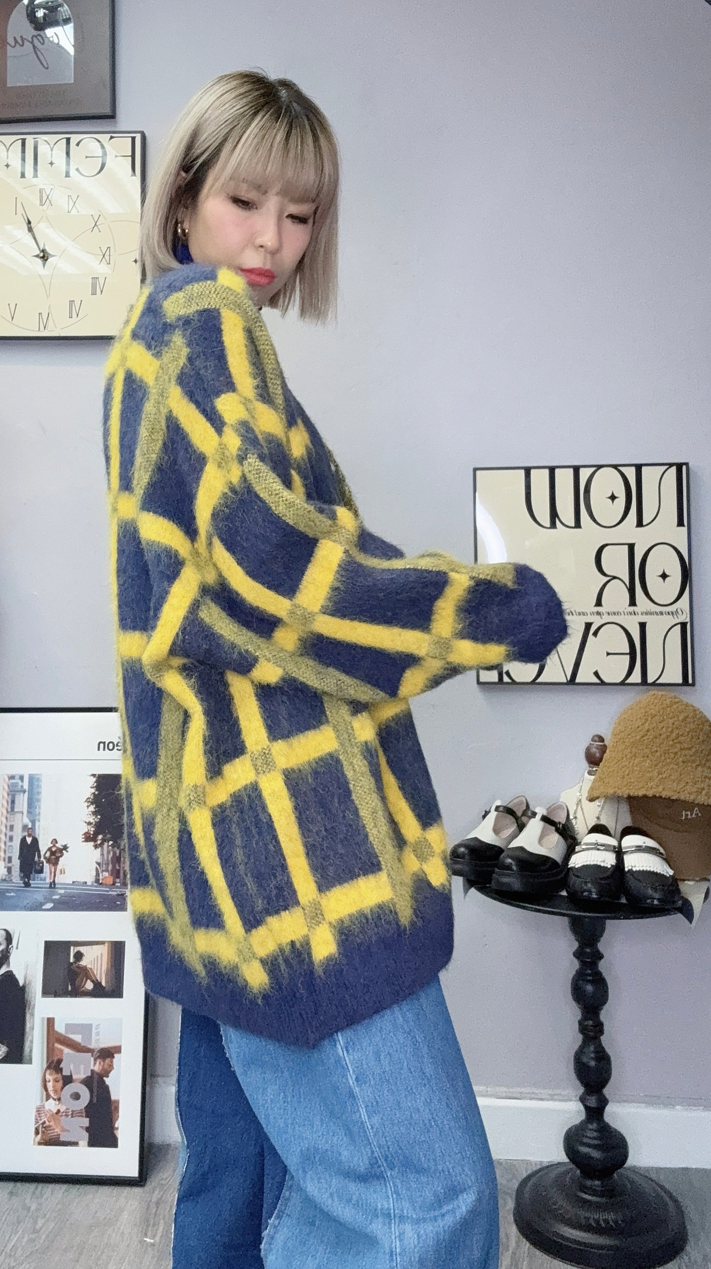 Grid long cardigran #00214