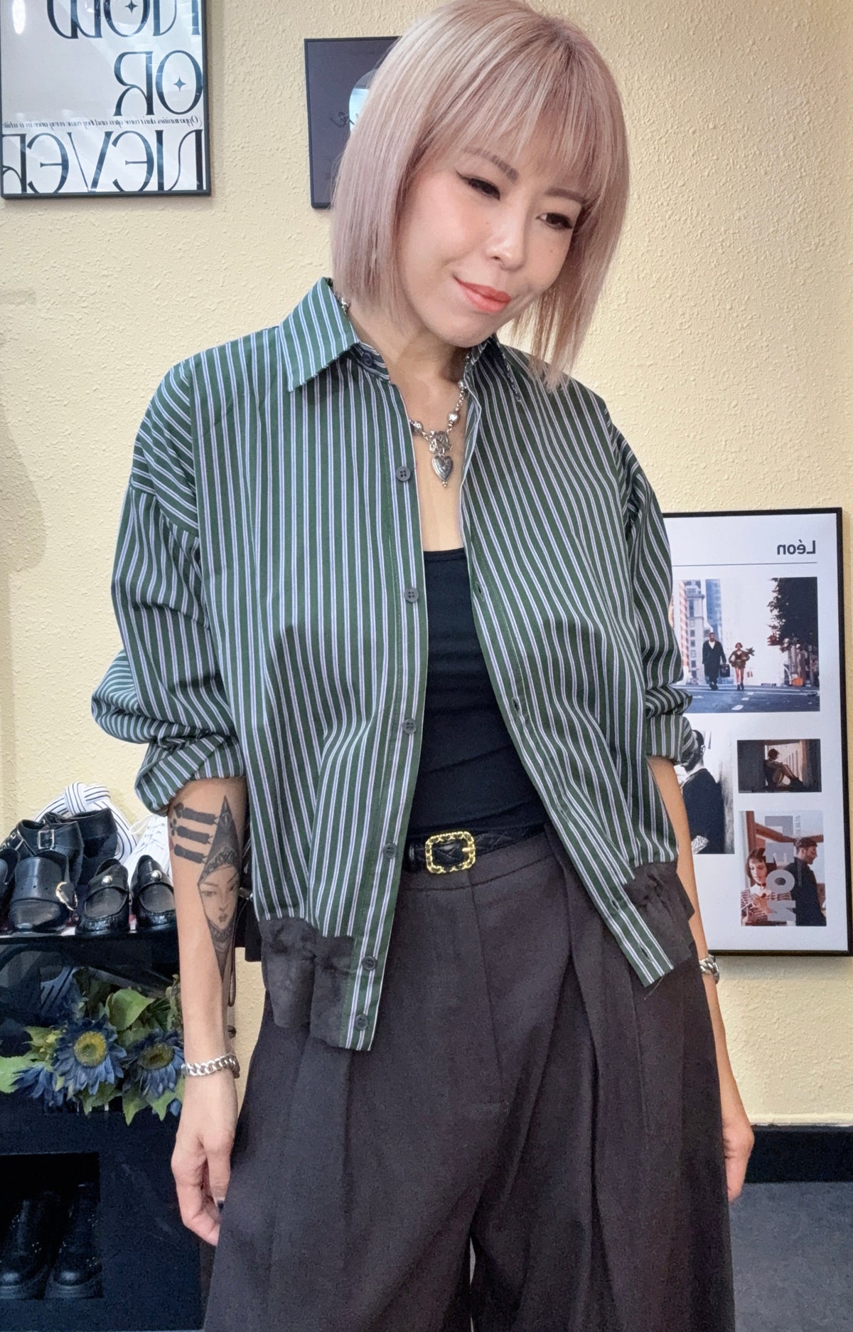 Striped puff hem shirt #00917