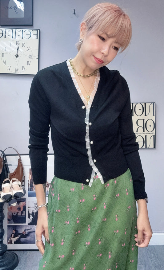 Ruffle v neck pearl buttons cardigan #00323
