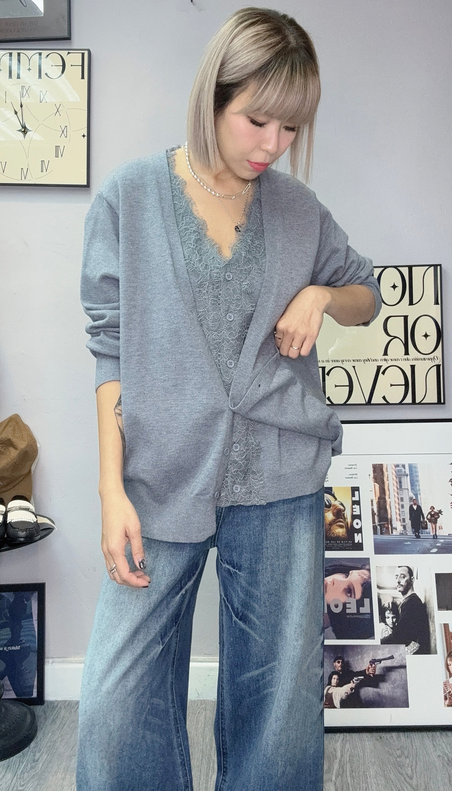 (-20% off)Fake two pieces lace x knit cardigan #00264