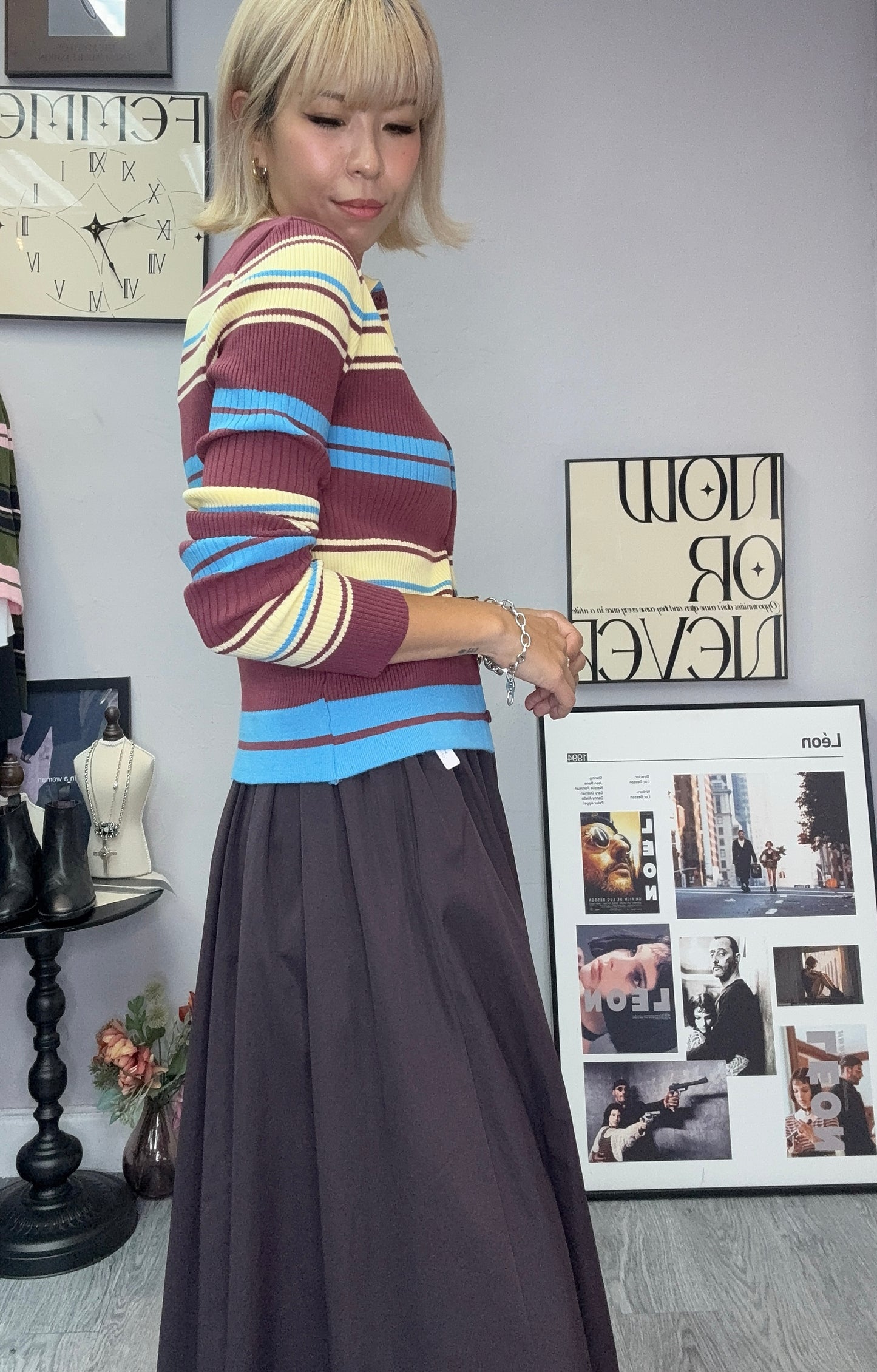 Striped fine knit cardigan