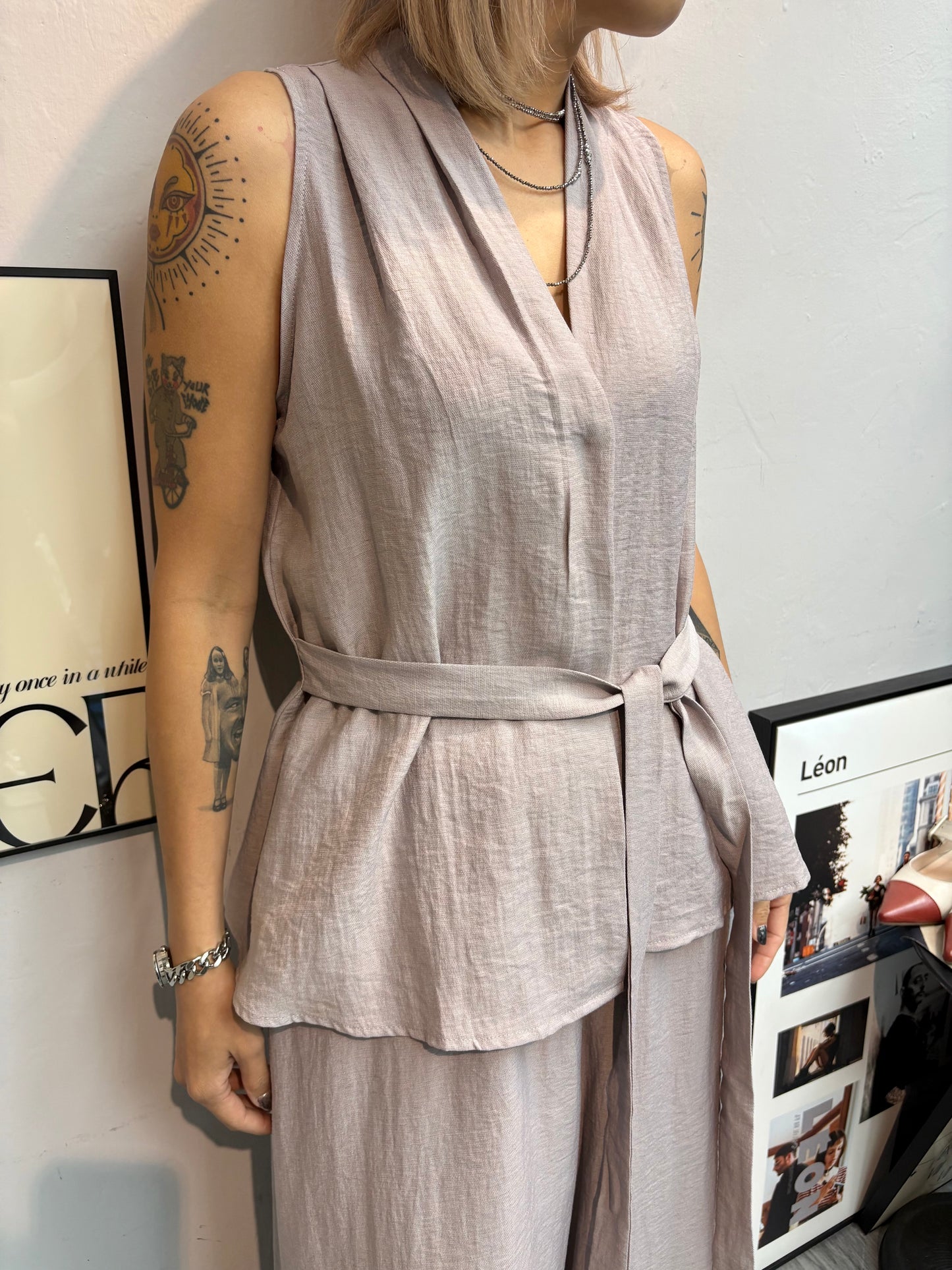 V neck tie waist tank set #00720