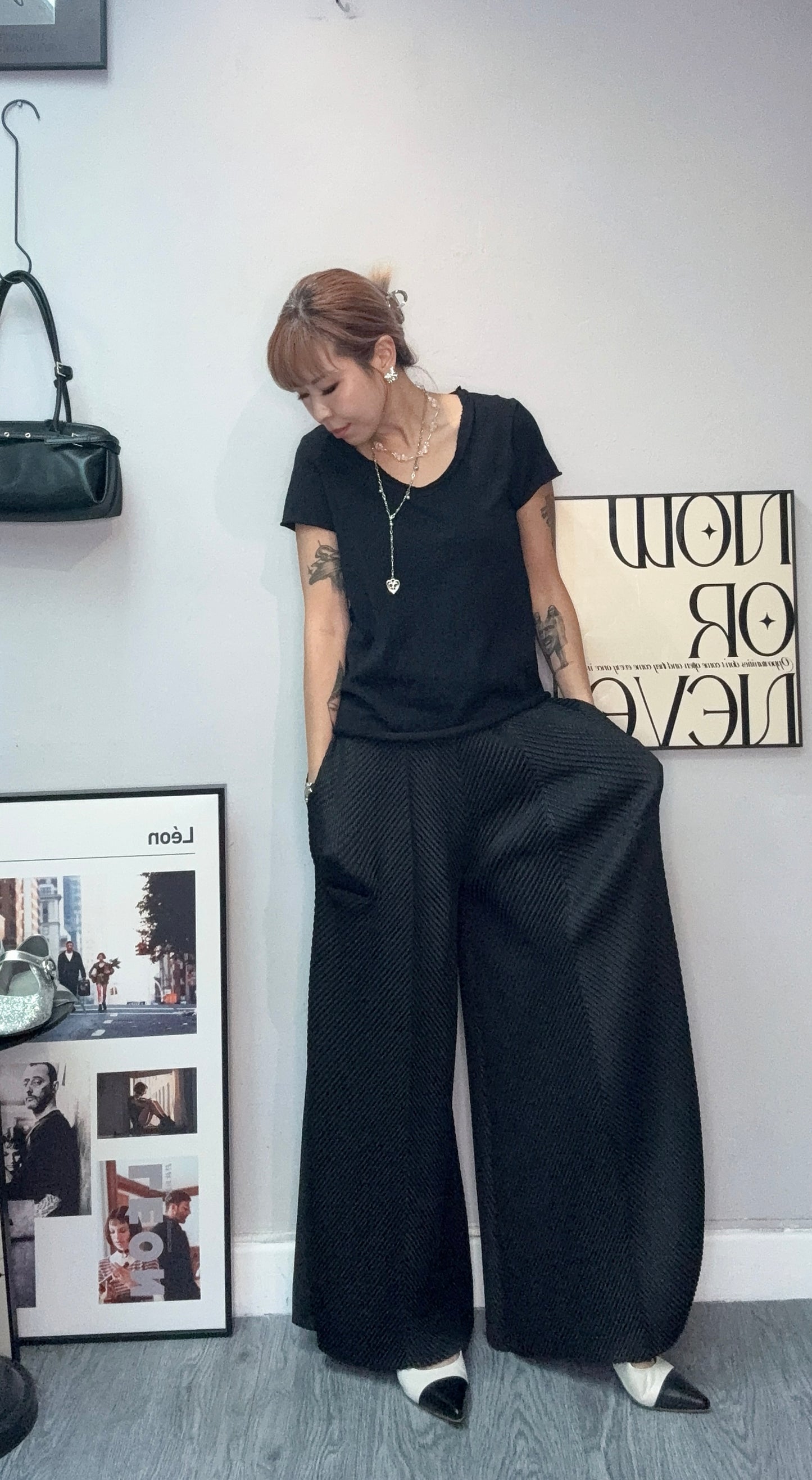 Embossed wide leg pants #00711