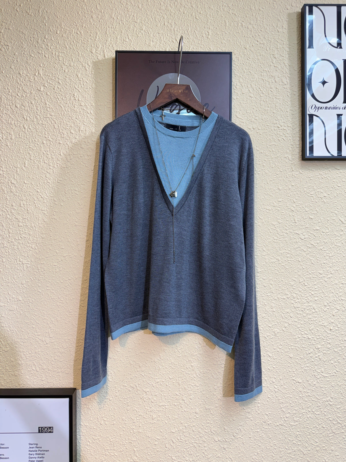 Fake two pieces big v collar knitted top #00934