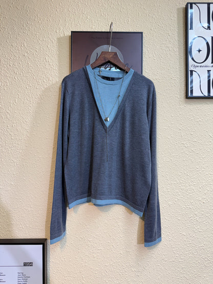 Fake two pieces big v collar knitted top #00934