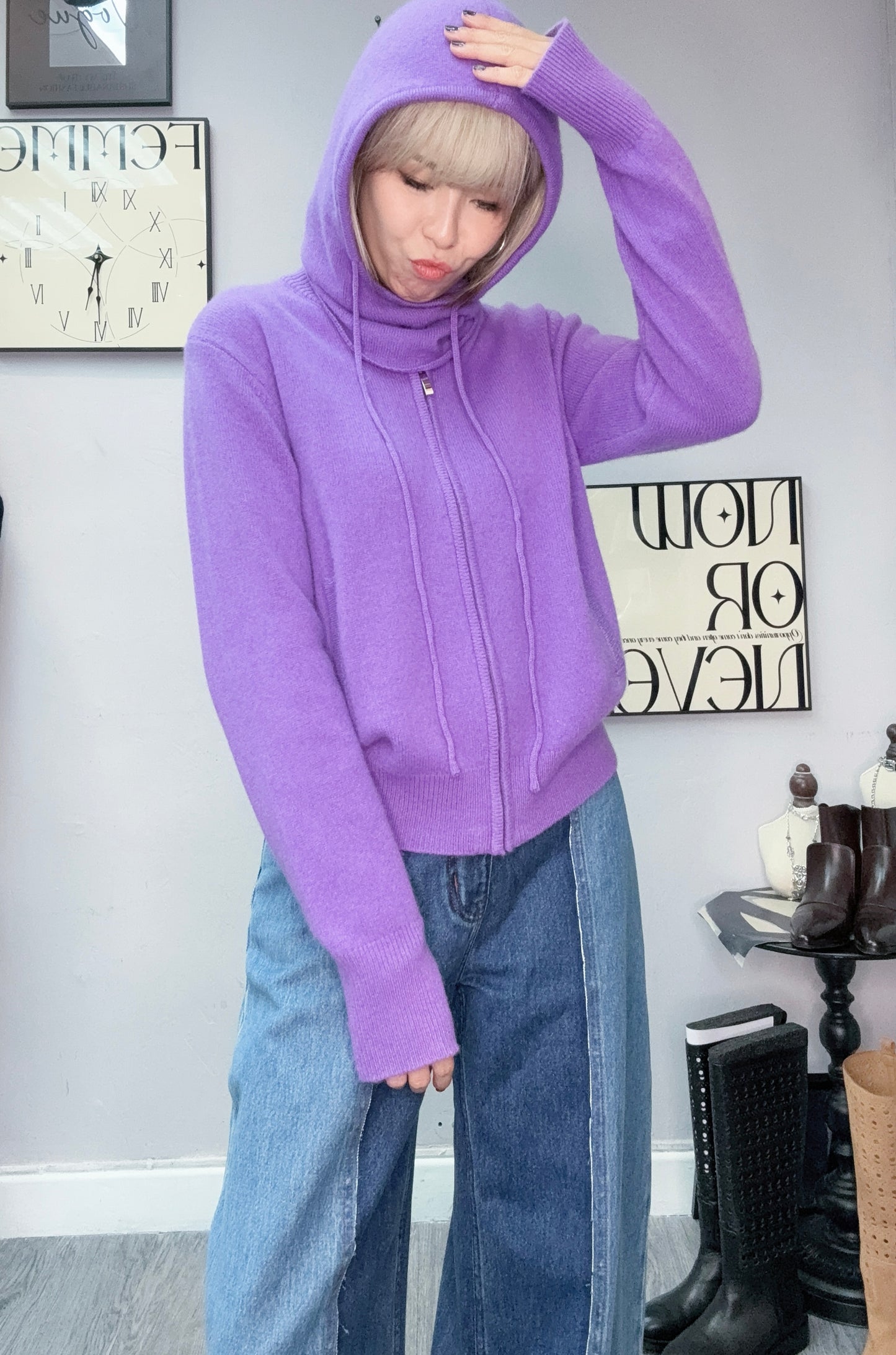 Take off hat zip knit jacket #00138