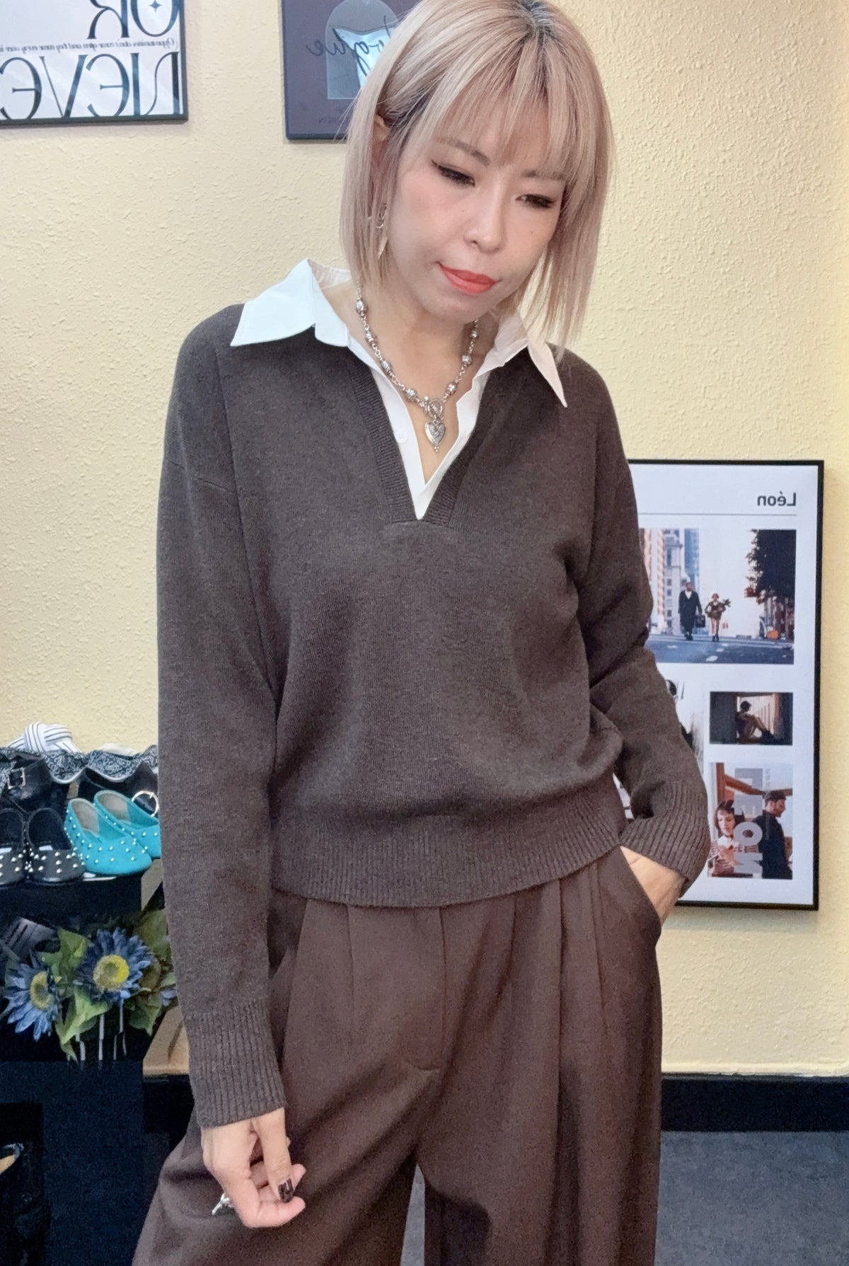 Fake two pieces shirt x knitted top #00970