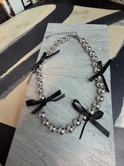 Black ribbon silver beads necklace