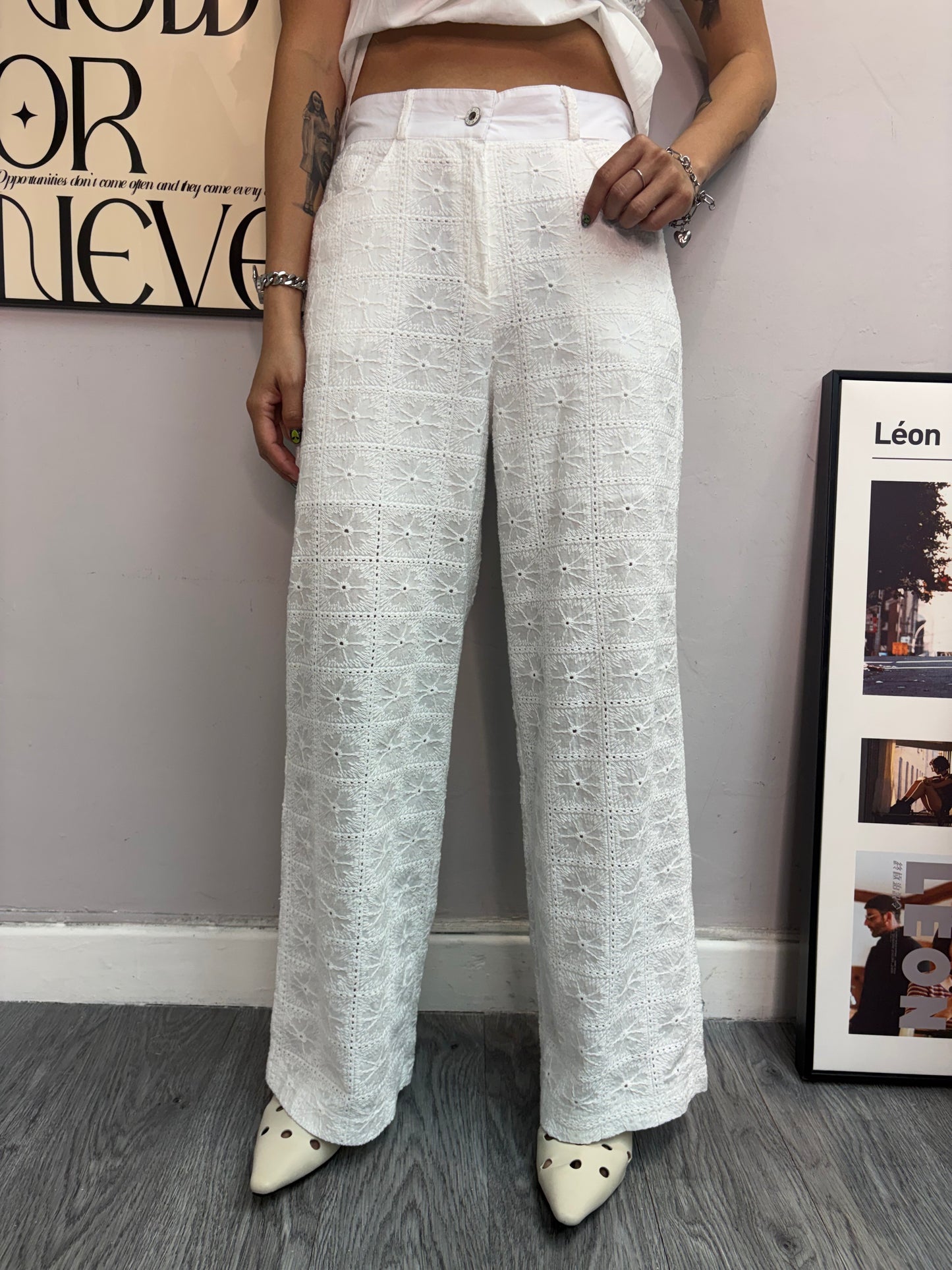 Embroidery lace half elastic pants #00472