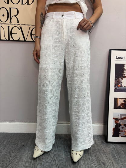 Embroidery lace half elastic pants #00472