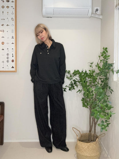 Pearl buttons polo lace collar top #00016