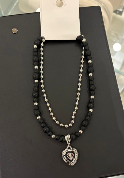Silver heart X beaded necklace set