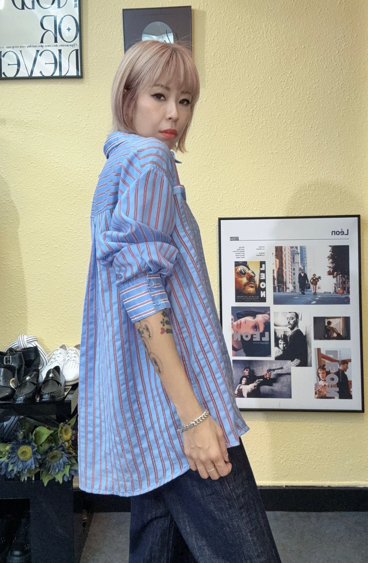 Striped silky loose shirt #00924