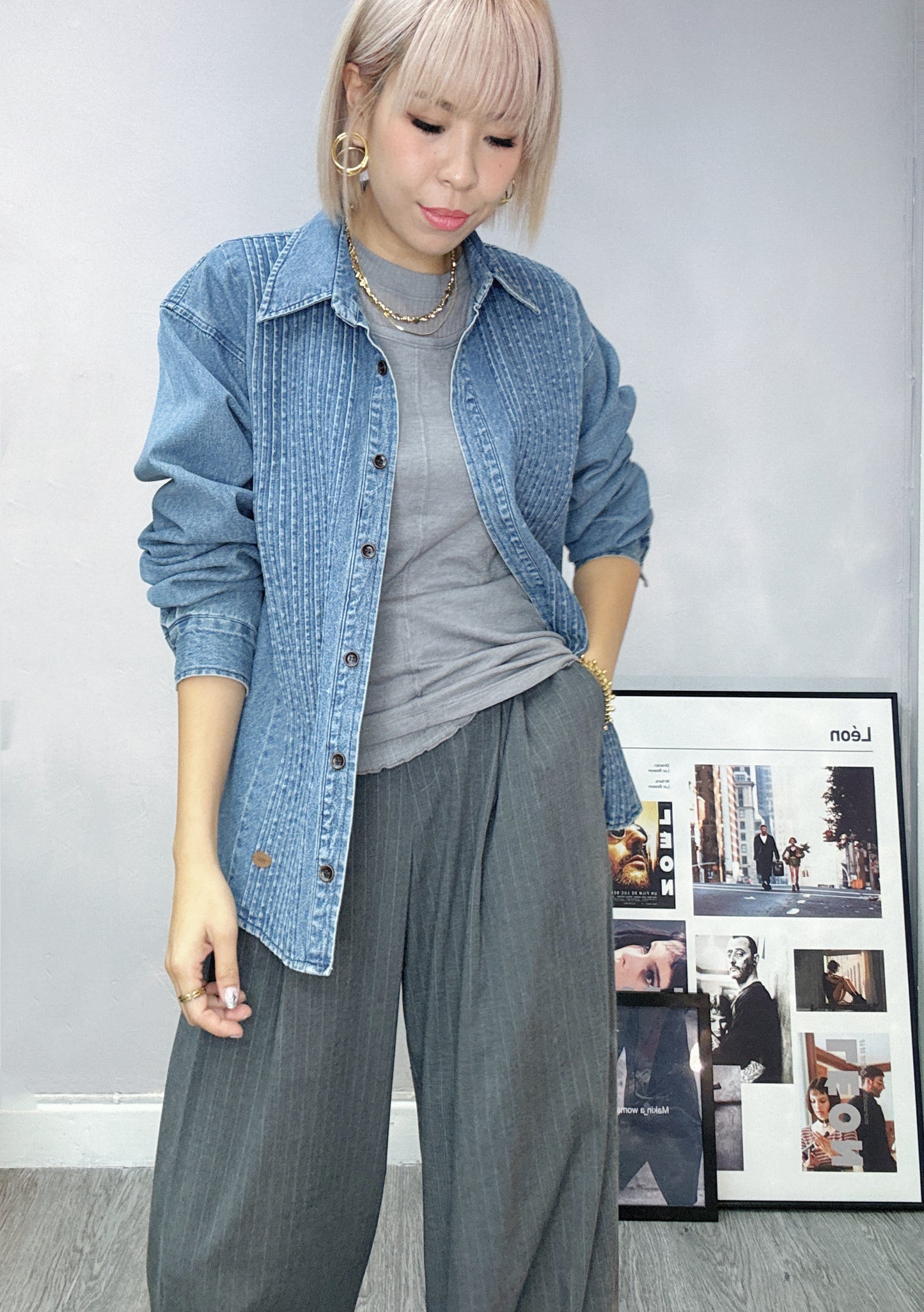 pleated denim shirt