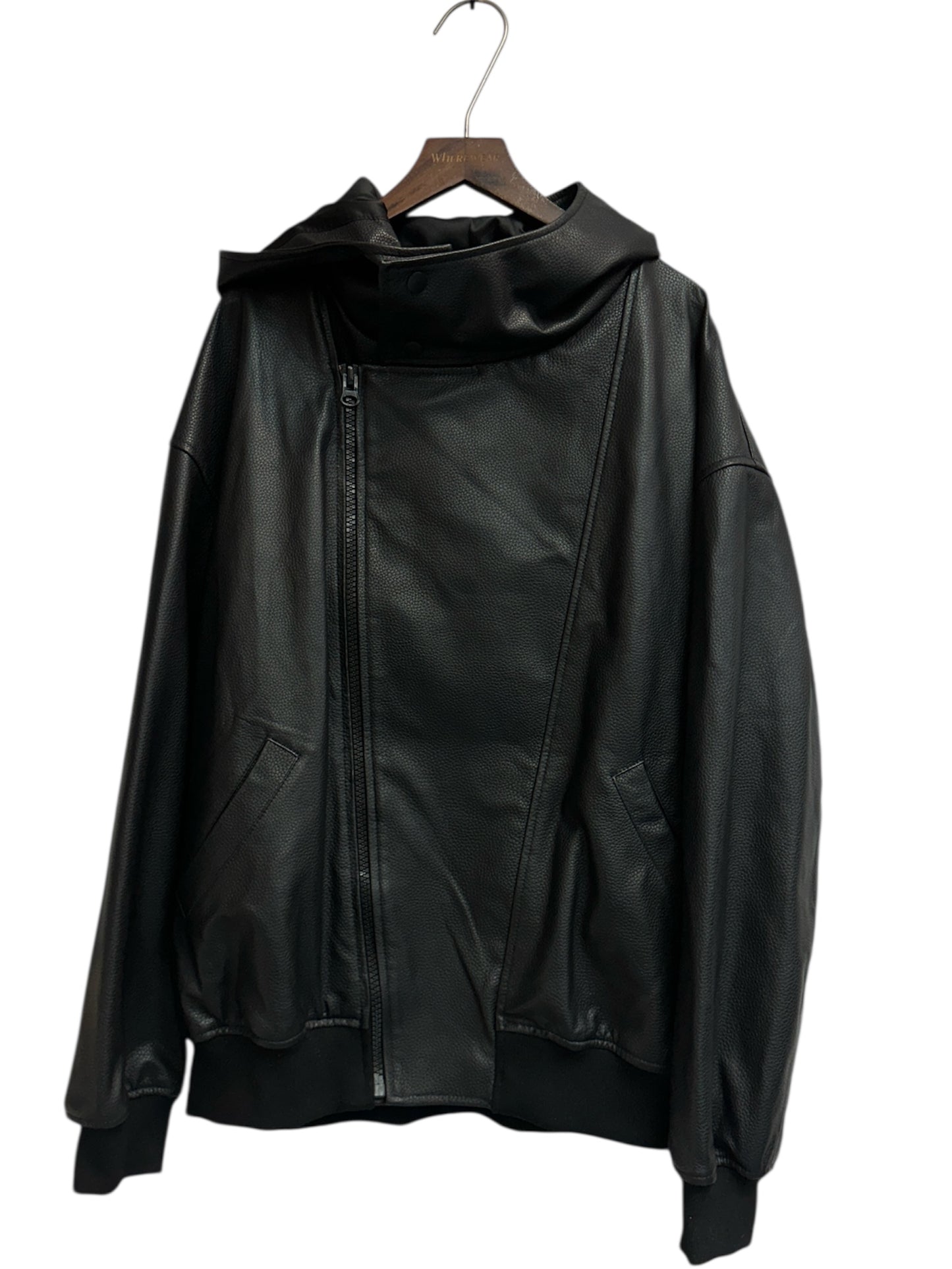 With hat leather jacket