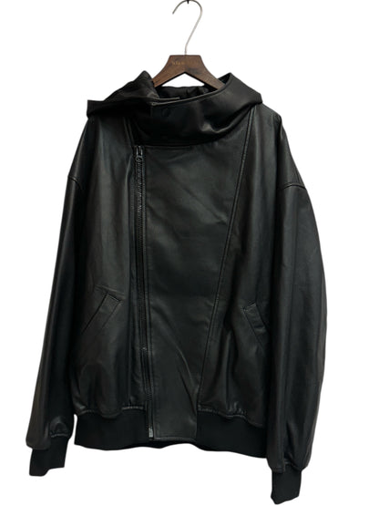 With hat leather jacket