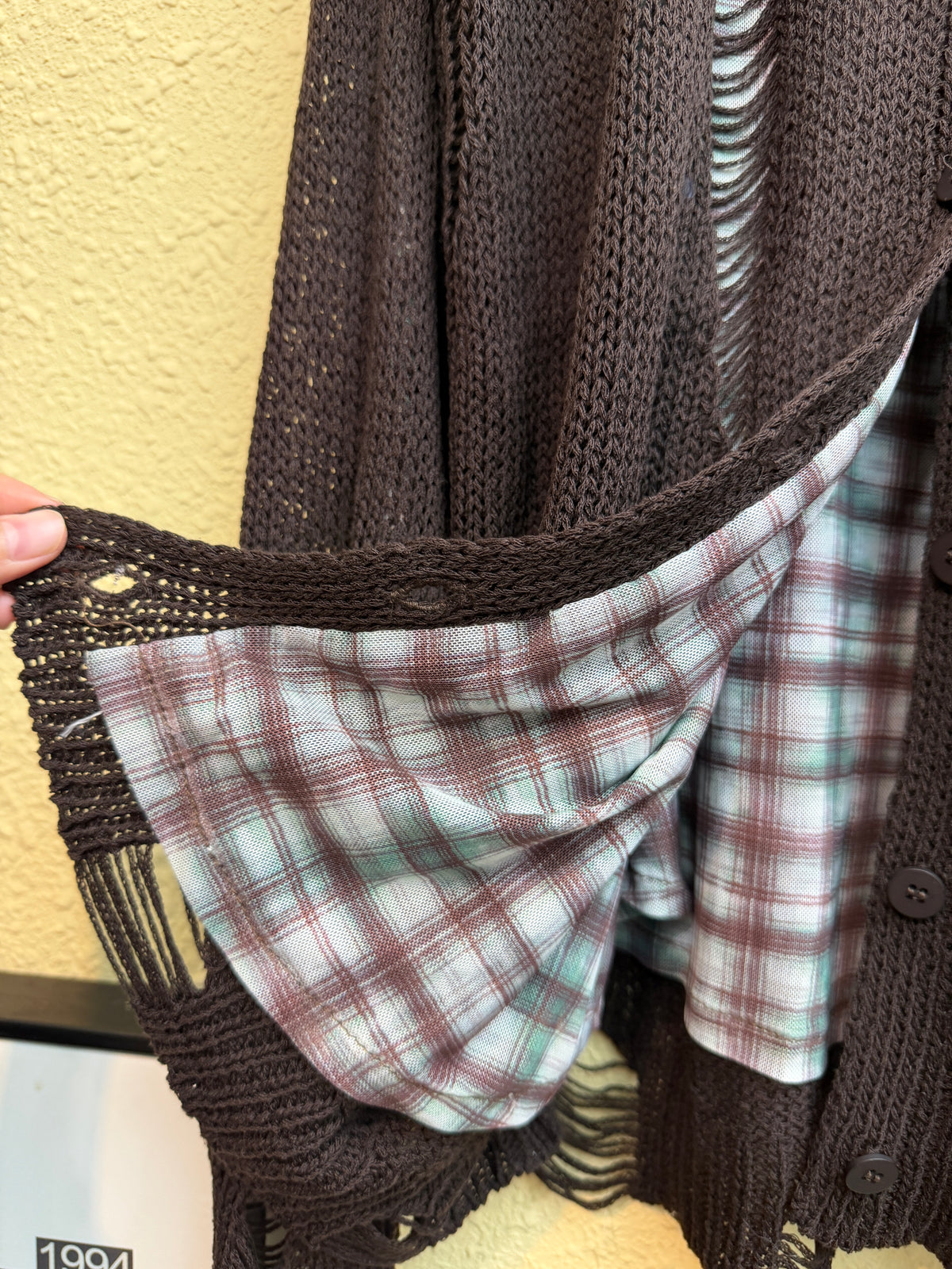 Checkered mesh inner loose cardigan #00928