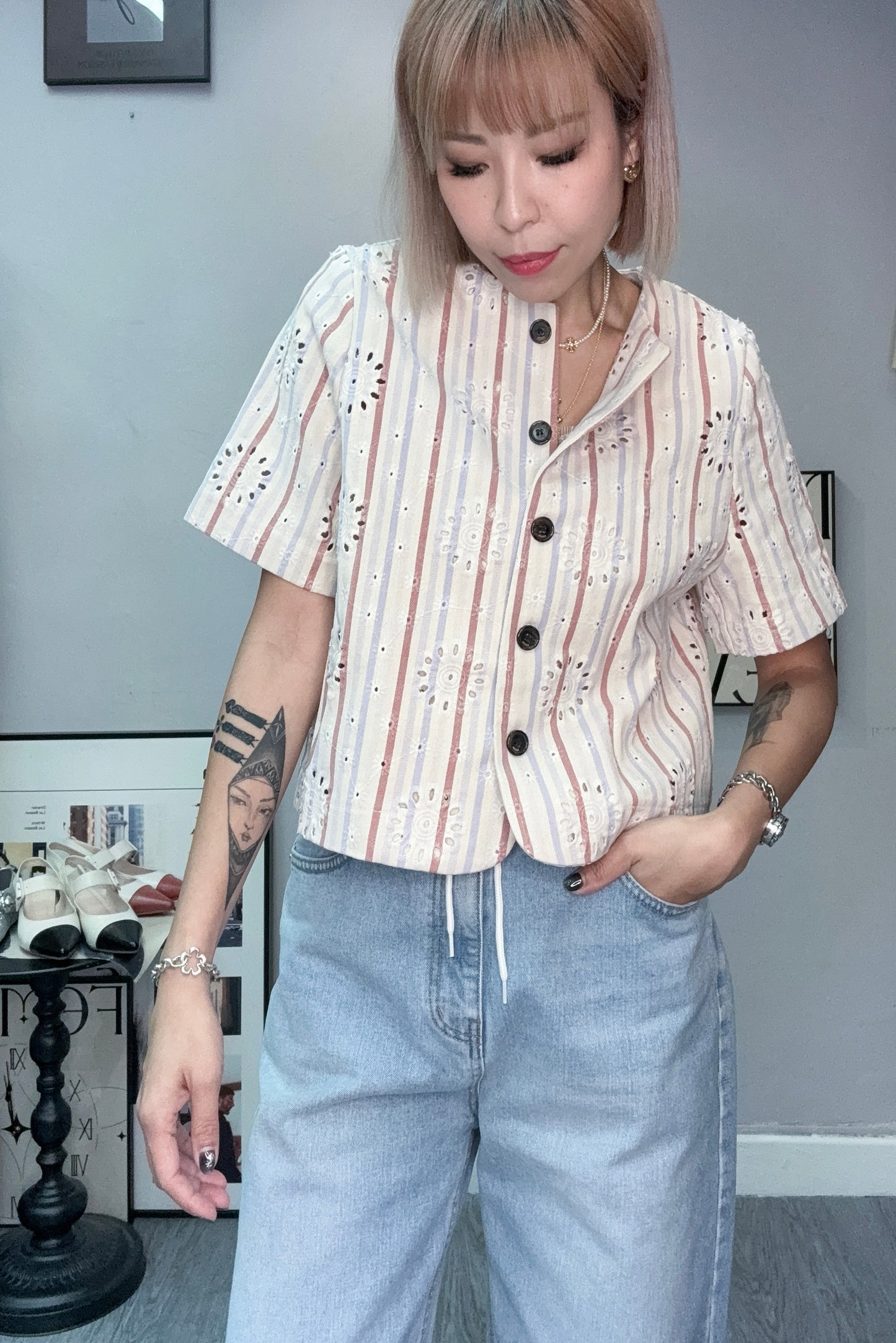 👍🏼Embroidery striped short sleeves outer #00579
