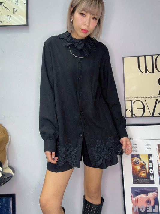 (-30% off)Lace collar black shirt #00273