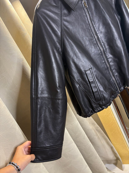 Shirt collar leather zip jacket