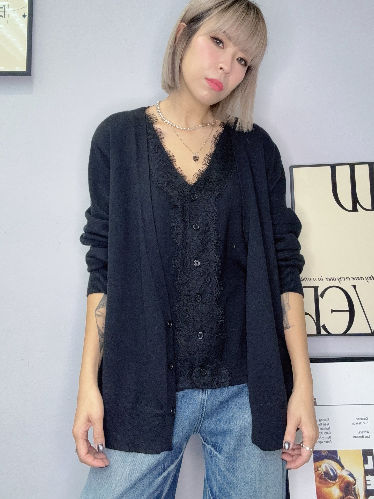 (-20% off)Fake two pieces lace x knit cardigan #00264