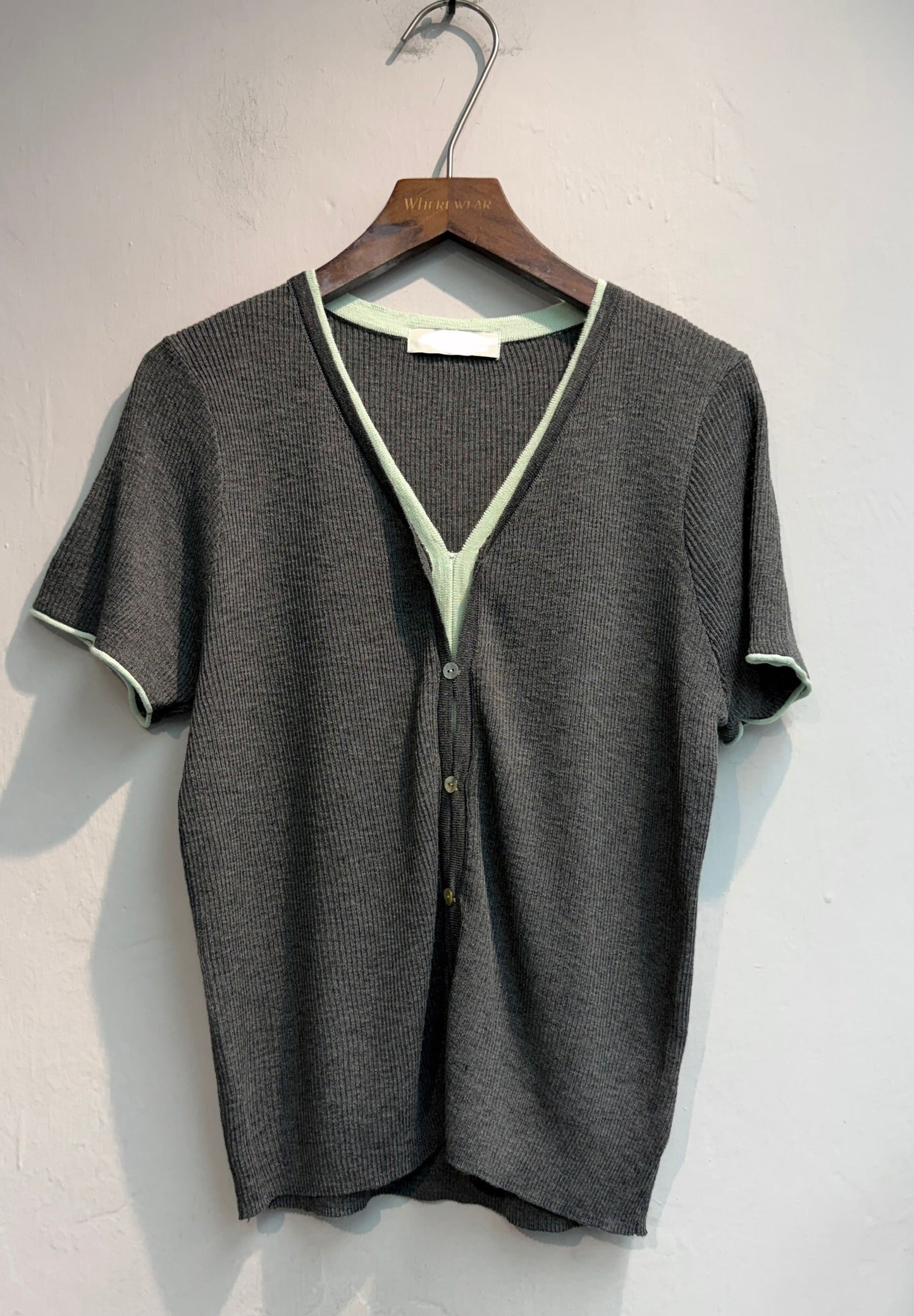 Fake two pieces front buttons rib knit top #00679