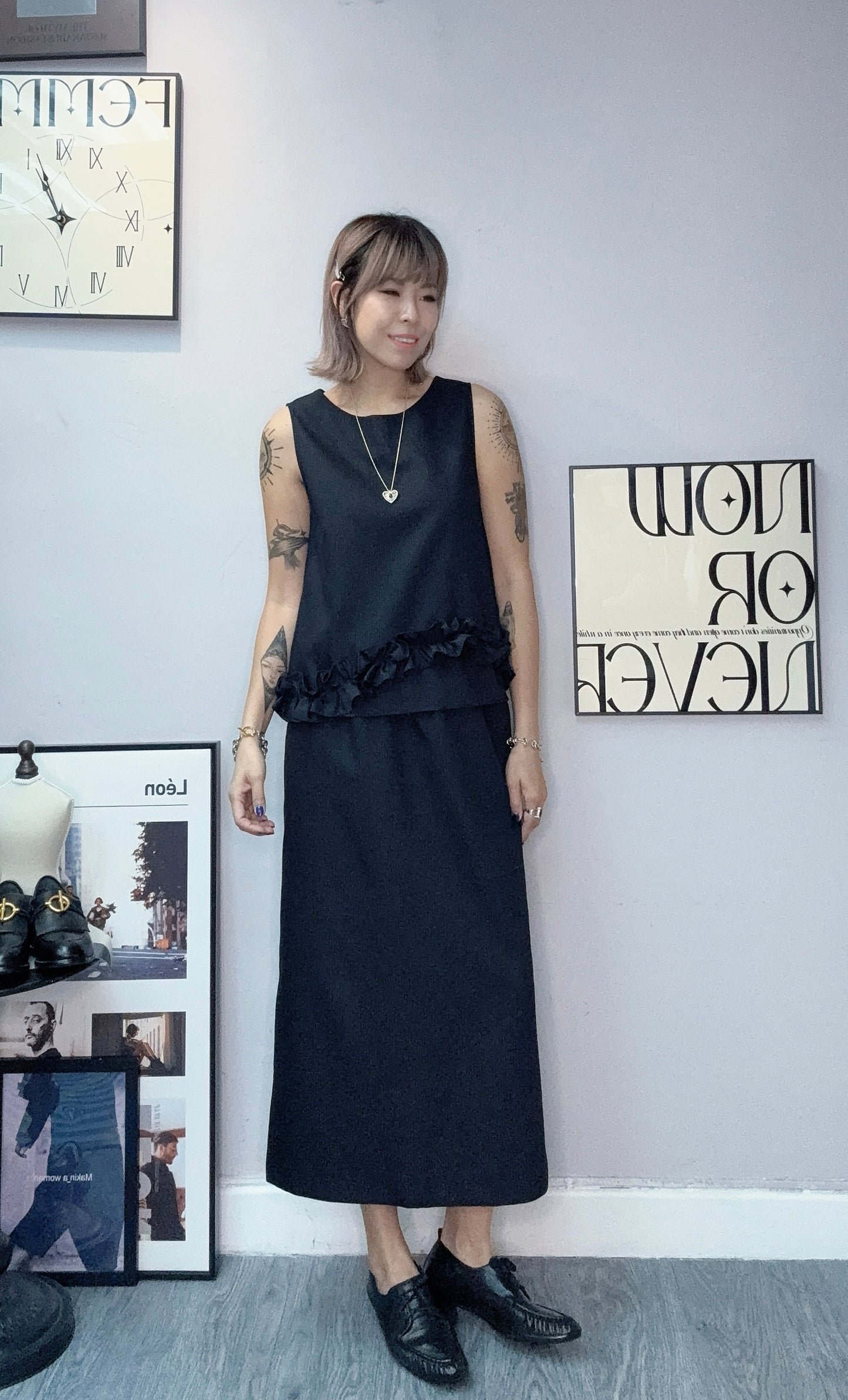 Ruffle hem stripe vest +skirt Set#00432