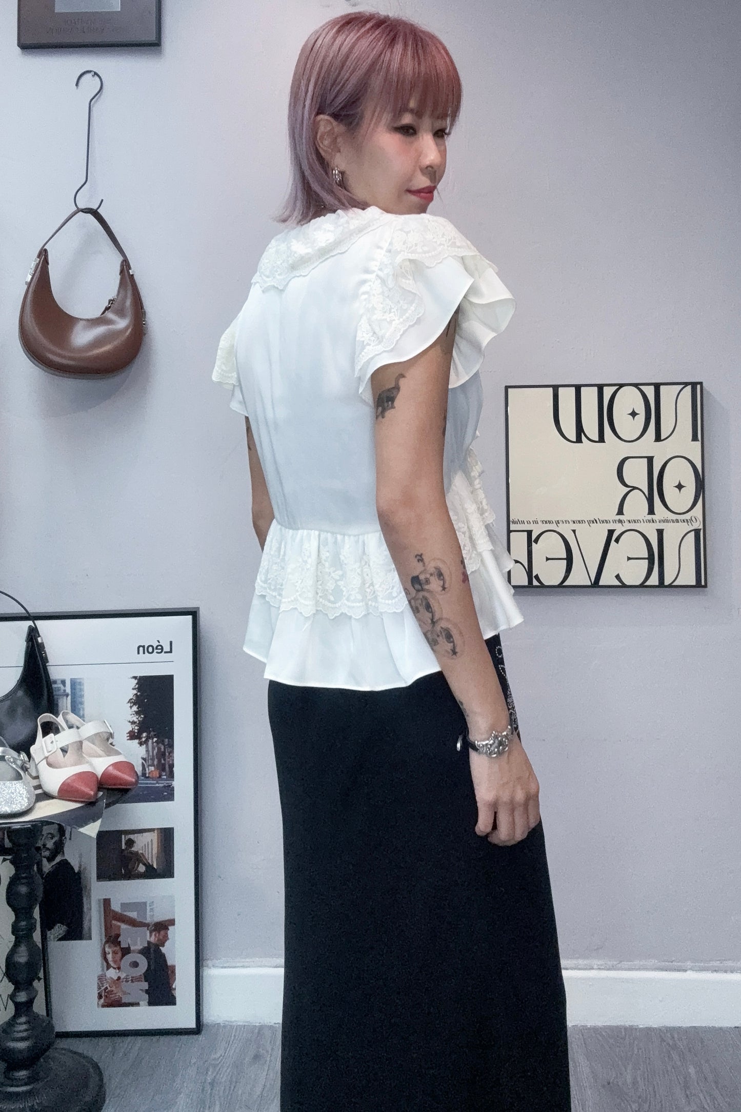 Chiffon X lace trim blouse #00818