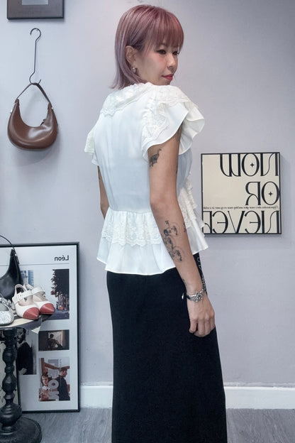 Chiffon X lace trim blouse #00818