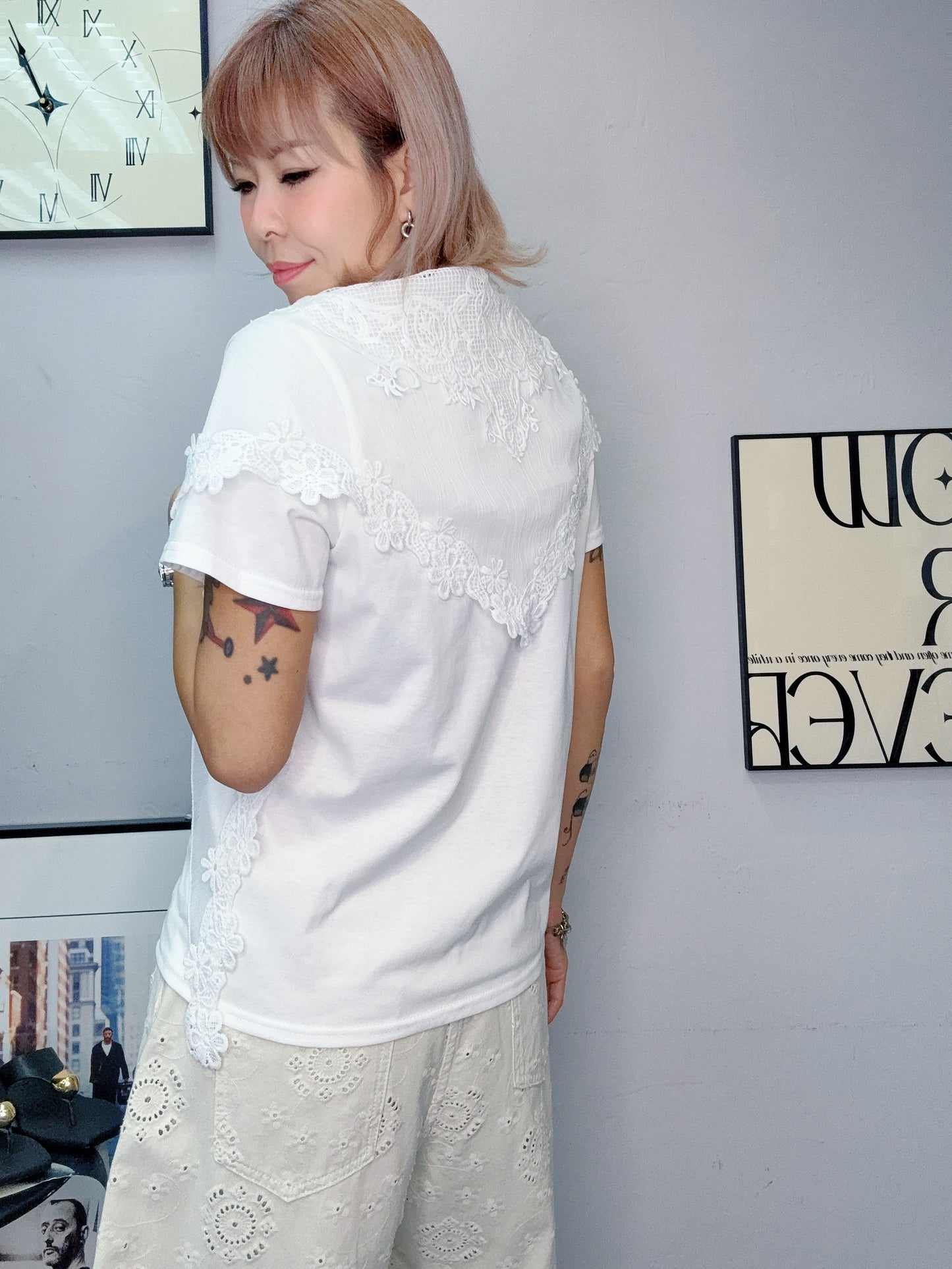 With embroidery see through scarf tee #00612