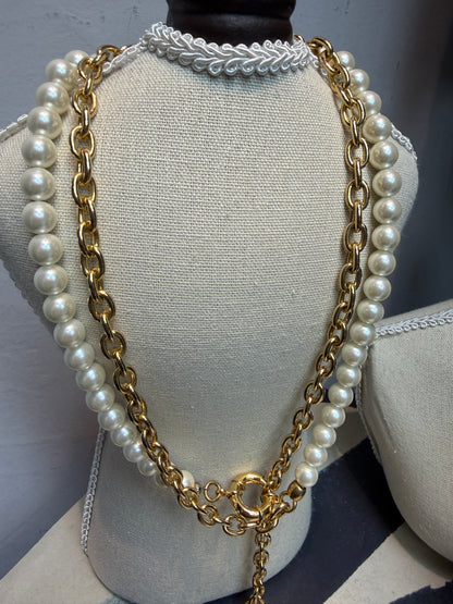 Pearl X gold chain long necklace
