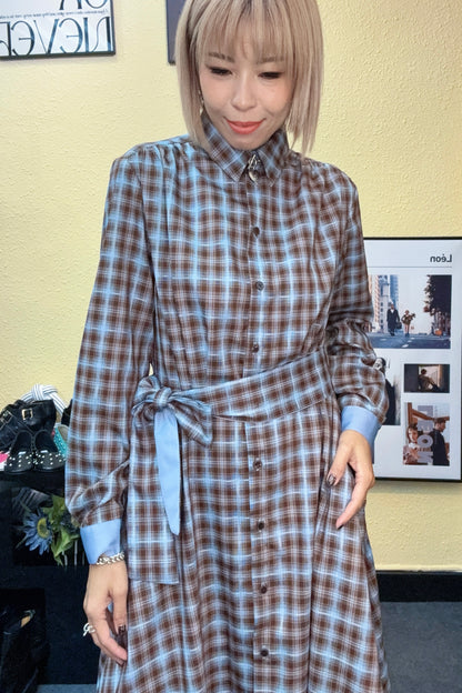 Checkered silky shirt collar one piece #00977