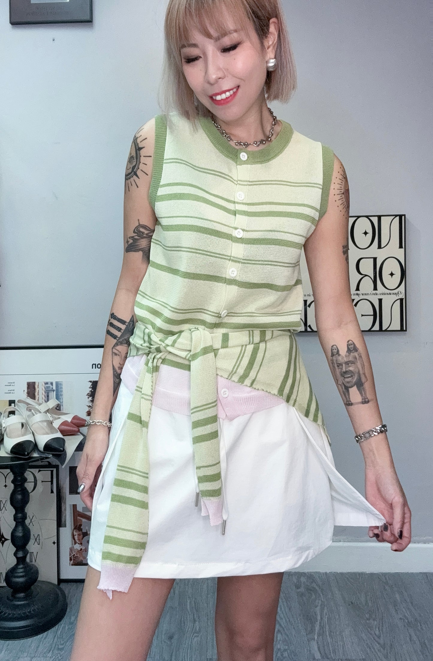 (-20%)With scarf knitted tank cardigan #00778