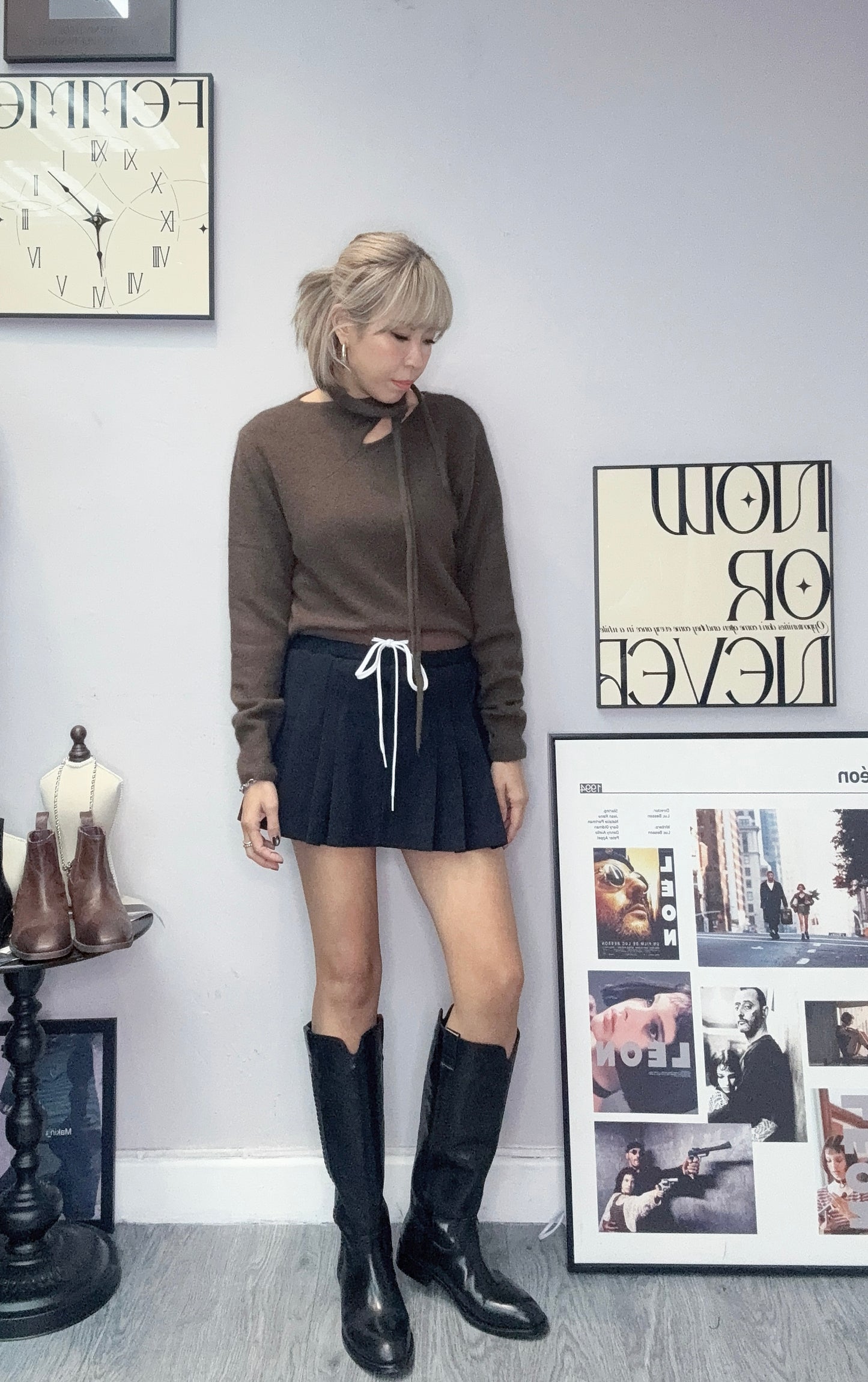 Tie collar wool top #00085