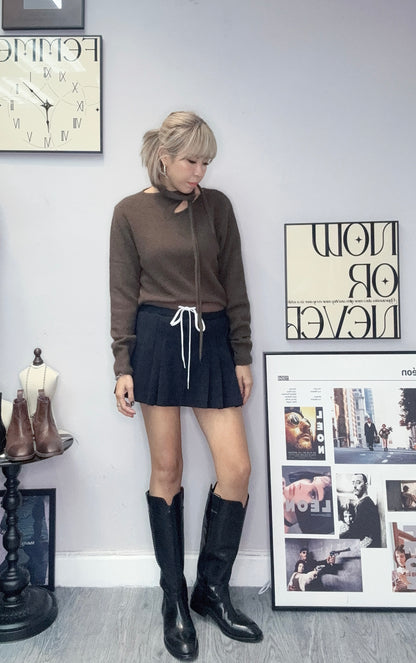 Tie collar wool top #00085