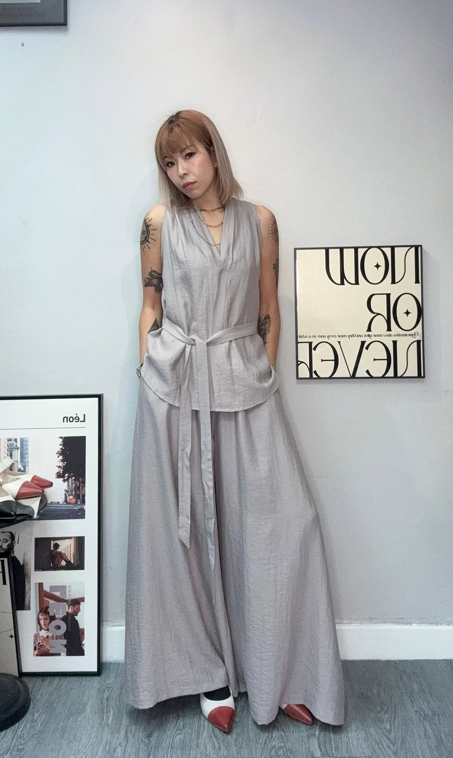 V neck tie waist tank set #00720