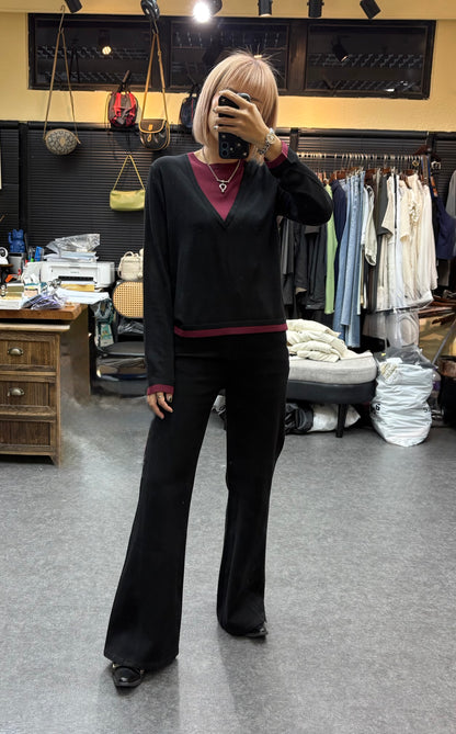 Fake two pieces big v collar knitted top #00934